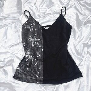 y2k Rayure Paris Camisole Top Black Sequin Bow Spaghetti Strap 3